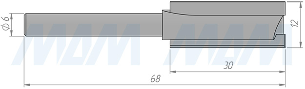 Размеры концевой пазовой фрезы D=12, H=30, S=6, Z=2 (артикул C102-12-30S6)