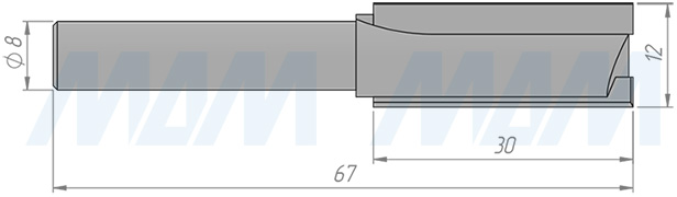 Размеры концевой пазовой фрезы D=12, H=30, S=8, Z=2 (артикул C102-12-30S8)