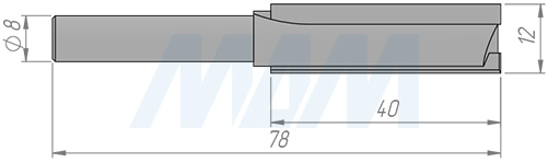 Размеры концевой пазовой фрезы D=12, H=40, S=8, Z=2 (артикул C102-12-40S8)