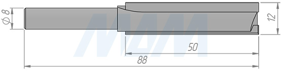 Размеры концевой пазовой фрезы D=12, H=50, S=8, Z=2 (артикул C102-12-50S8)