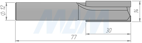 Размеры концевой пазовой фрезы D=14, H=30, S=12, Z=2 (артикул C102-14-30S12)