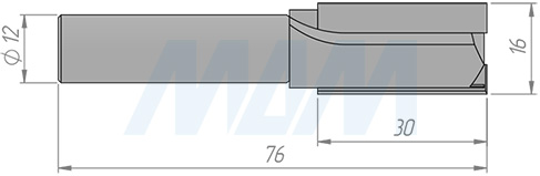 Размеры концевой пазовой фрезы D=16, H=30, S=12, Z=2 (артикул C102-16-30S12)
