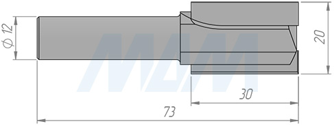 Размеры концевой пазовой фрезы D=20, H=30, S=12, Z=2 (артикул C102-20-30S12)