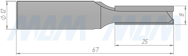 Размеры концевой пазовой фрезы D=8, H=25, S=12, Z=2 (артикул C102-8-25S12)