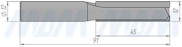 Размеры концевой пазовой фрезы D=8, H=15, S=12, Z=2 (артикул C103-12-45S12)