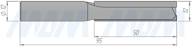 Размеры концевой пазовой фрезы D=12, H=50, S=12, Z=2 (артикул C103-12-50S12)