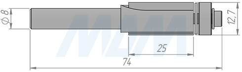 Размеры концевой обгонной фрезы с нижним подшипником D=12,7, H=25, S=8, Z=2 (артикул C104-12-25S8)
