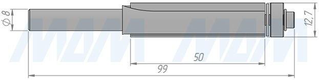 Размеры концевой обгонной фрезы с нижним подшипником D=12,7, H=50, S=8, Z=2 (артикул C104-12-50S8)