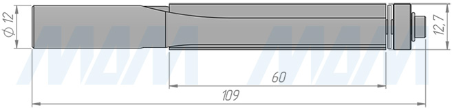 Размеры концевой обгонной фрезы с нижним подшипником D=12,7, H=60, S=12, Z=2 (артикул C104-12-60S12)