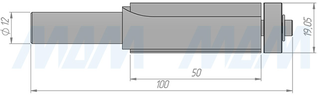 Размеры концевой обгонной фрезы с нижним подшипником D=19,05, H=50,8, S=12, Z=2 (артикул C104-19-50S12)