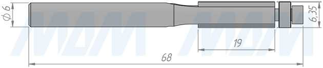 Размеры концевой обгонной фрезы с нижним подшипником D=6,35, H=19, S=6, Z=2 (артикул C104-6-19S6)