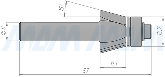 Размеры фрезы для обработки фасок H=11.10, S=8, Z=2, α = 15 (артикул C105-15-11S8)