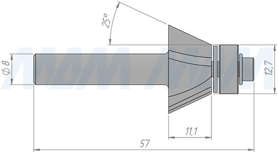 Размеры фрезы для обработки фасок H=11.10, S=8, Z=2, α = 25 (артикул C105-25-11S8)