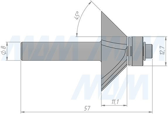Размеры фрезы для обработки фасок H=11.10, S=8, Z=2, α = 45 (артикул C105-45-11S8)