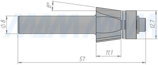 Размеры фрезы для обработки фасок H=11.10, S=8, Z=2, α= 8 (артикул C105-8-11S8)