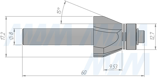 Размеры фрезы для обработки фасок 15° D=17,2 H=9,53, S=8, Z=2, α = 15 (артикул C106-17-9S8)