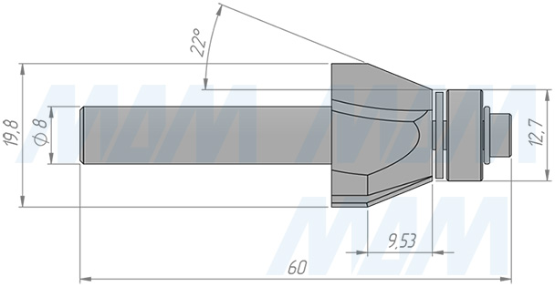 Размеры фрезы для обработки фасок 30° D=19,8 H=9,53, S=8, Z=2, α = 22 (артикул C106-19-9S8)