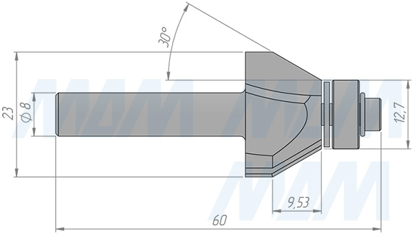 Размеры фрезы для обработки фасок 30° D=23 H=9,53, S=8, Z=2, α = 30 (артикул C106-23-9S8)