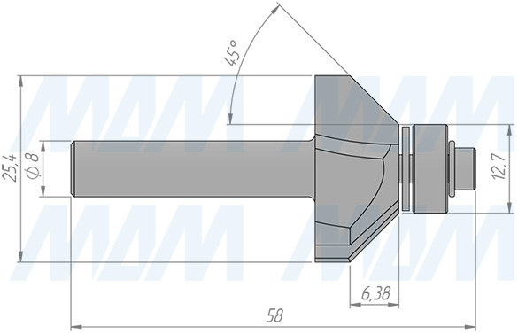 Размеры фрезы для обработки фасок 45° D=25,4 H=6,38, S=8, Z=2, α = 45 (артикул C106-25-6S8)