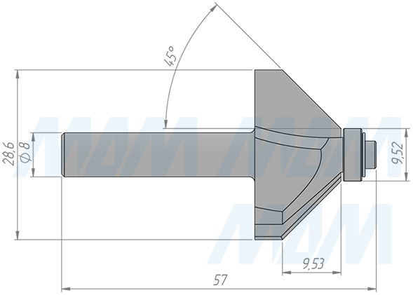 Размеры фрезы для обработки фасок 45° D=28,6 H=9.53, S=8, Z=2, α = 45 (артикул C106-28-9S8)