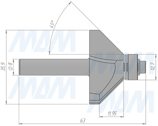Размеры фрезы для обработки фасок 45° D=35,9 H=11,95, S=8, Z=2, α = 45 (артикул C106-35-11S8)