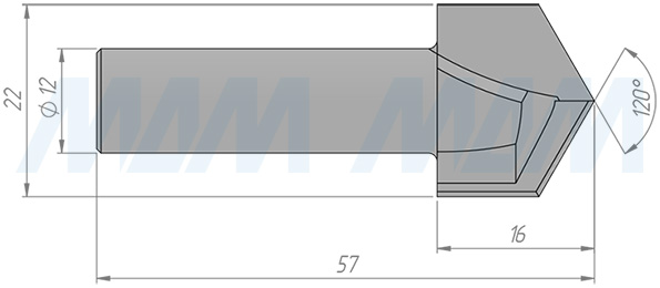 Размеры фрезы для обработки фасок 120° D=22 H=16,5, S=12, Z=2, α = 120 (артикул C107-22-16S12)
