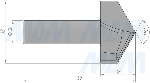 Размеры фрезы для обработки фасок 120° D=32 H=18, S=12, Z=2, α = 120 (артикул C107-32-18S12)