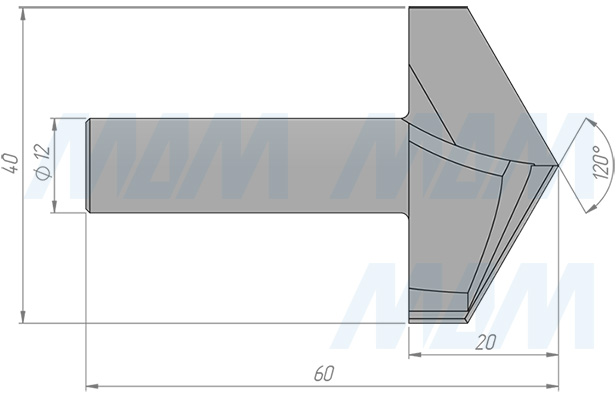 Размеры фрезы для обработки фасок 120° D=40 H=20, S=12, Z=2, α = 120 (артикул C107-42-20S12)