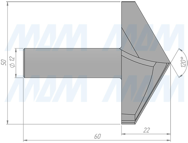 Размеры фрезы для обработки фасок 120° D=50 H=22, S=12, Z=2, α = 120 (артикул C107-5022S12)