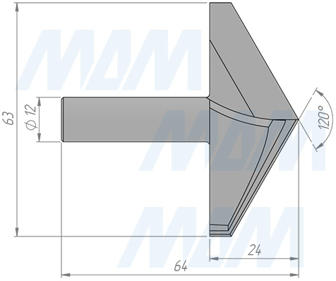 Размеры фрезы для обработки фасок 120° D=63 H=24, S=12, Z=2, α = 120 (артикул C107-6324S12)