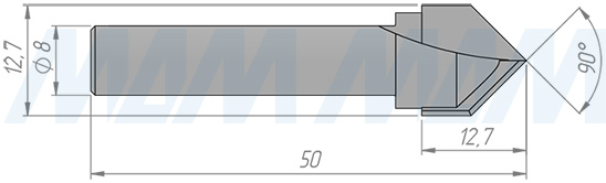 Размеры фрезы для обработки фасок 90° D=12,7 H=12,7 S=8, Z=2, α = 90 (артикул C108-12-12S8)