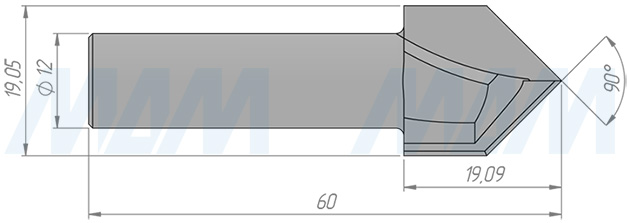 Размеры фрезы для обработки фасок 90° D=19,05 H=19,05 S=12, Z=2, α = 90 (артикул C108-19-19S12)