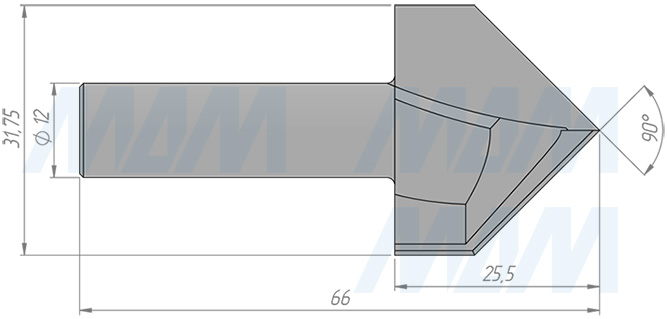 Размеры фрезы для обработки фасок 90° D=31,75 H=25,5 S=12, Z=2, α = 90 (артикул C108-31-25S12)