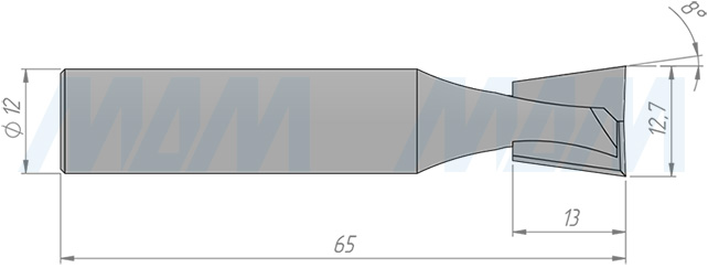 Размеры фрезы «ласточкин хвост»  D=12,7 H=13 S=12 Z=2, α = 8  (артикул C109-12-13S12)