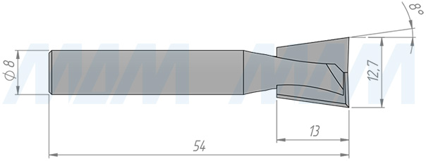 Размеры фрезы «ласточкин хвост» D=12,7 H=13 S=8 Z=2, α = 8 (артикул C109-12-13S8)