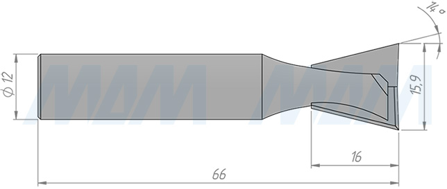 Размеры фрезы «ласточкин хвост» D=15,9 H=16 S=12 Z=2, α = 14(артикул C109-15-16S12)