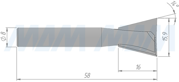 Размеры фрезы «ласточкин хвост» D=15,9 H=16 S=8 Z=2, α=14 (артикул C109-15-16S8)