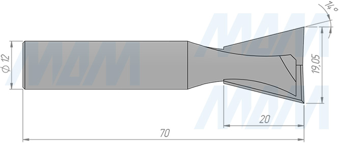 Размеры фрезы «ласточкин хвост» D=19,05 H=20 S=12 Z=2, α = 14 (артикул C109-19-20S12)