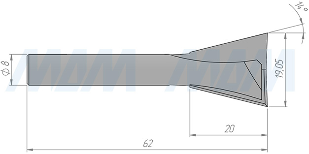 Размеры фрезы «ласточкин хвост» D=19,05 H=20 S=8 Z=2, α = 14 (артикул C109-19-20S8)