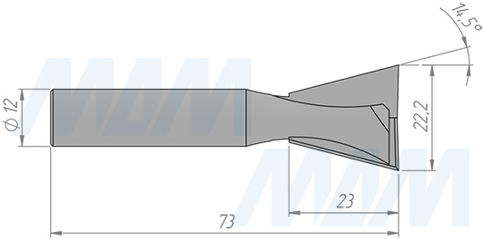 Размеры фрезы для обработки фасок D=22,2 H=23 S=12 Z=2, α = 14° 30′ (артикул C109-22-23S12)