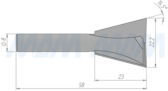 Размеры фрезы «ласточкин хвост» D=22,2 H=23 S=8 Z=2, α = 14° 30′  (артикул C109-22-23S8)