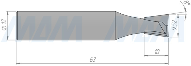 Размеры фрезы «ласточкин хвост» D=9,52 H=10 S=12 Z=2, α = 8  (артикул C109-9-10S12)