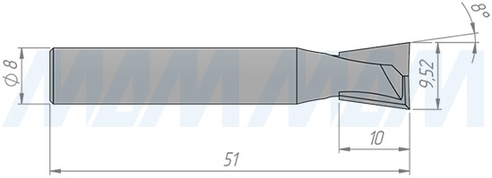 Размеры фрезы «ласточкин хвост» D=9,52 H=10 S=8 Z=2, α = 8 (артикул C109-9-10S8)