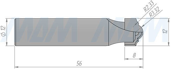 Размеры фрезы профильной D=12 H=8 S=12 Z=2 R1=3,32 R2=2,33 (артикул C110-12-8S12)