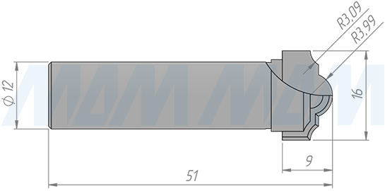Размеры фрезы профильной D=16 H=9 S=12 Z=2 R1=3,99 R2=3,09 (артикул C110-16-9S12)