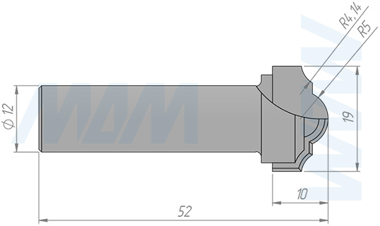Размеры фрезы профильной D=19 H=10 S=12 Z=2 R1=5 R2=4,17 (артикул C110-19-10S12)