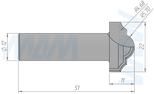 Размеры фрезы профильной  D=22 H=11 S=12 Z=2 R1=5,7 R2=4,68 (артикул C110-22-11S12)