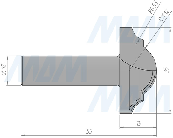 Размеры фрезы профильной  D=35 H=15 S=12 Z=2 R1=11,12 R2=6,53 (артикул C110-35-15S12)