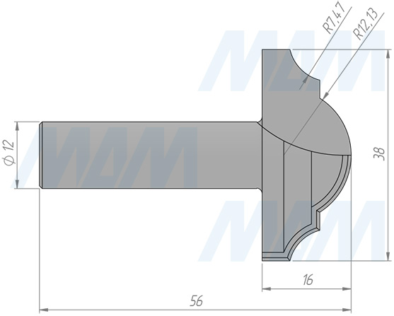 Размеры фрезы профильной D=38 H=16 S=12 Z=2 R1=12,13 R2=7,47 (артикул C110-38-16S12)