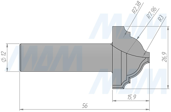 Размеры фрезы профильной D=26,9 H=15,9 S=12 Z=2 R1=7,96 (артикул C111-26-15S12)
